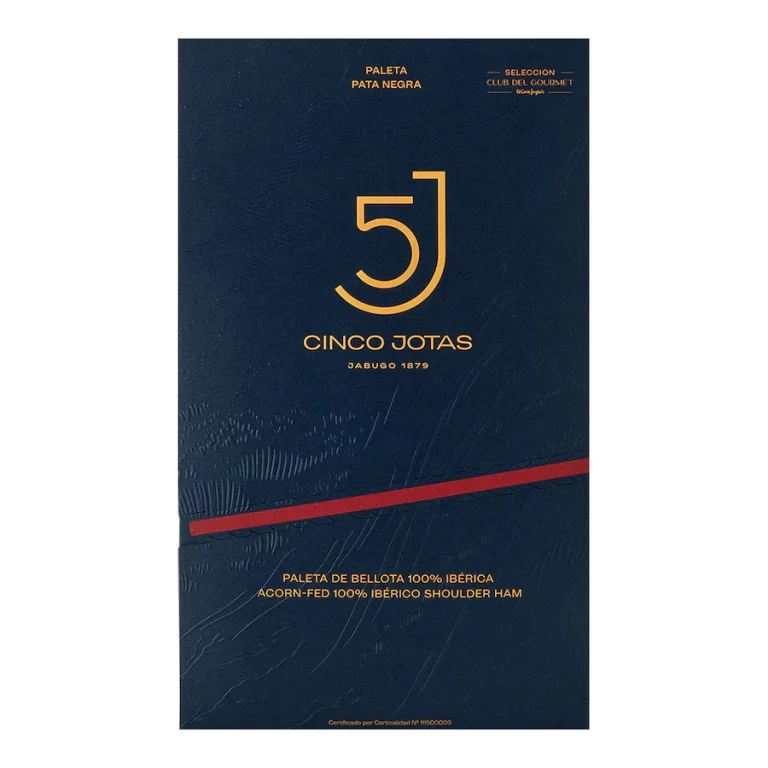 Un sobre azul rectangular de 5J Cinco Jotas Paleta de Bellota 100% Ibérica loncheado, con el logo amarillo 5J en la parte superior y una banda roja en el centro que destaca el texto "Paleta de Bellota 100% Ibérica
