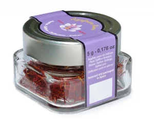 Peso neto: 1 gr. / 0.0353 oz. Frasco de cristal, dentro hay un gramo de seco de azafrán, un flor rojo.