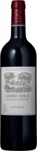 Botella de CHÂTEAU ODILON, líquido de color granate oscuro, con el logotipo del Barón Benjamin de Rothschild en la etiqueta, impresa con una bella vista de la explotación vitícola.