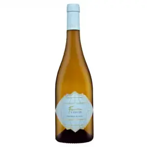 Botella de vino de cóctel, vidrio marrón, etiqueta azul claro en forma de rombo con texto dorado, texto Vino dulce de agua