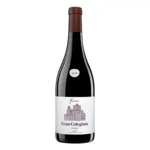 Botella de vino Gran Colegiata Original 2019, copa negra con estampado chalet en la etiqueta, etiquetada con el número de añada 2019, y denominación de origen de Toro.
