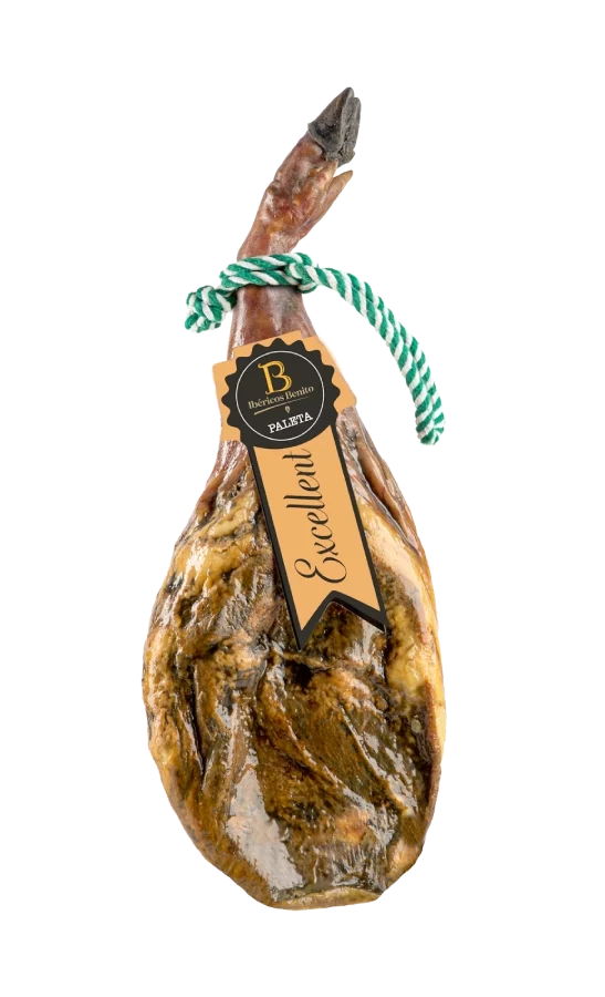 Paleta Excellent de Ibéricos Benito, presentada en un envase de color amarillo dorado, con una etiqueta de papel de tono beige que destaca la palabra "Excellent" en negro, junto a una etiqueta circular del logo de la marca.