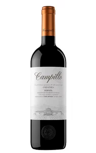 Botella de vino tinto con etiqueta negra, tapa de botella de color naranja dorado con el nombre "Campillo". En la etiqueta del cuerpo de la botella, se destaca el nombre de la marca "Campillo" en color negro, seguido de "Crianza 2021" en negro, y la región de origen "Rioja"