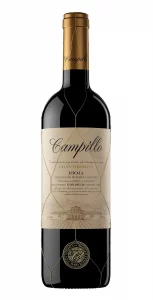 Botella de vino negra con cápsula dorada. Etiqueta marrón con el nombre de la marca en negro, y en la parte inferior, una etiqueta circular dorada con la inscripción "Bodegas Campillo".