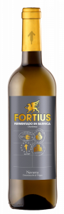 Botella de vino tinto, con cápsula dorada, cuerpo de botella color ámbar. La etiqueta en la botella es de color gris oscuro, con el nombre de la marca ‘Fortius’ en dorado, e indica que el origen es Navarra