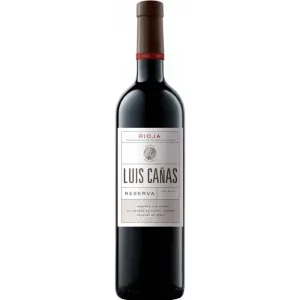 Botella de vino tinto, con cápsula de color negro, cuerpo de botella color negro. La etiqueta en la botella es de color blanco, escrito Luis Cañas Gran Reserva. Denominación de origen en Rioja.